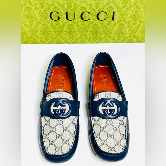 Gucci Interlocking G Driver Loafers Blue Classic Double G Canvas Size 10.5 NEW! - Picture 3 of 16